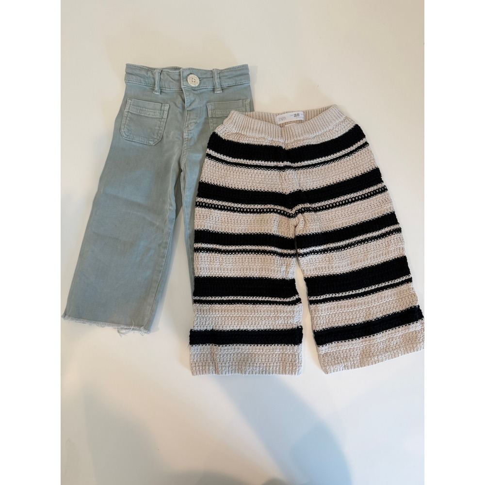 Lot of 2 Girls Toddler Zara Pants, Knit BW Stripped, Green Jeans, Size 18-24M